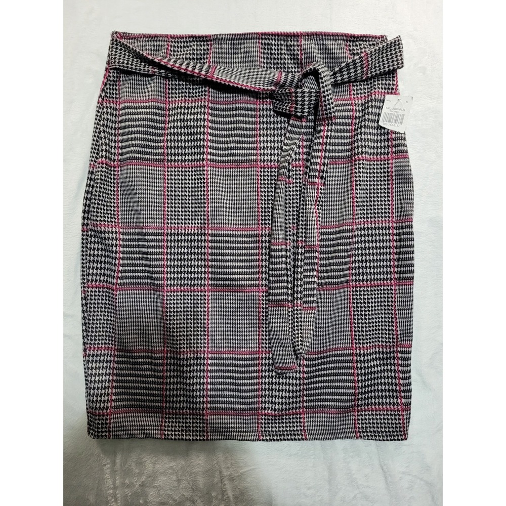Rainbow Pencil Skirt Womens XL Black Pink Glen Plaid NWT Stretch Tie Waist